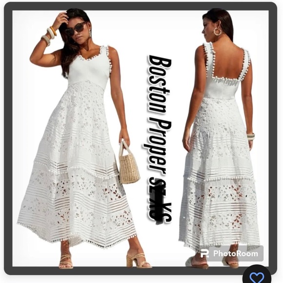Boston Proper Dresses Boston Proper Mixed Media Lace Pom Pom Dress White Maxi Minimalist